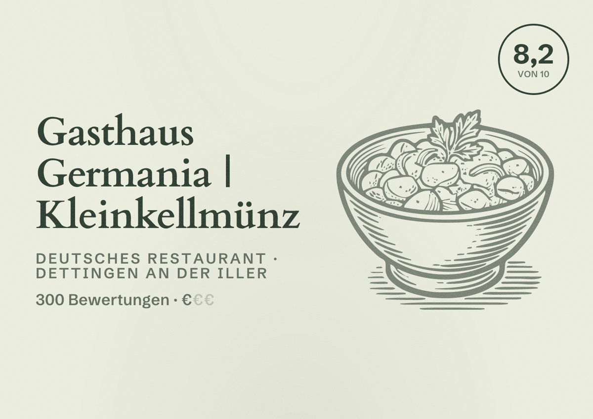 Illustriertes Poster von Gasthaus Germania | Kleinkellmünz, Deutsches Restaurant in Dettingen an der Iller: Bewertung 8,2 von 10 aus 300 Bewertungen, Preisniveau €