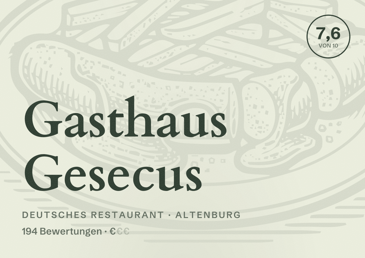 Illustriertes Poster von Gasthaus Gesecus, Deutsches Restaurant in Altenburg: Bewertung 7,6 von 10 aus 194 Bewertungen, Preisniveau €
