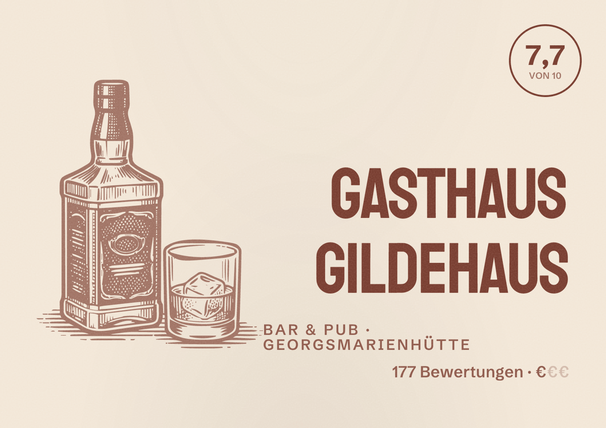Illustriertes Poster von Gasthaus Gildehaus, Bar & Pub in Georgsmarienhütte: Bewertung 7,7 von 10 aus 177 Bewertungen, Preisniveau €