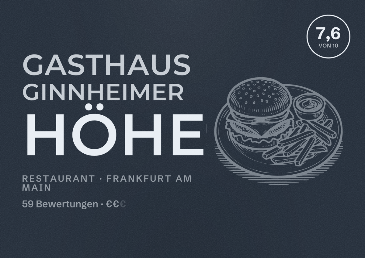 Illustriertes Poster von Gasthaus Ginnheimer Höhe, Restaurant in Frankfurt am Main: Bewertung 7,6 von 10 aus 59 Bewertungen, Preisniveau €€