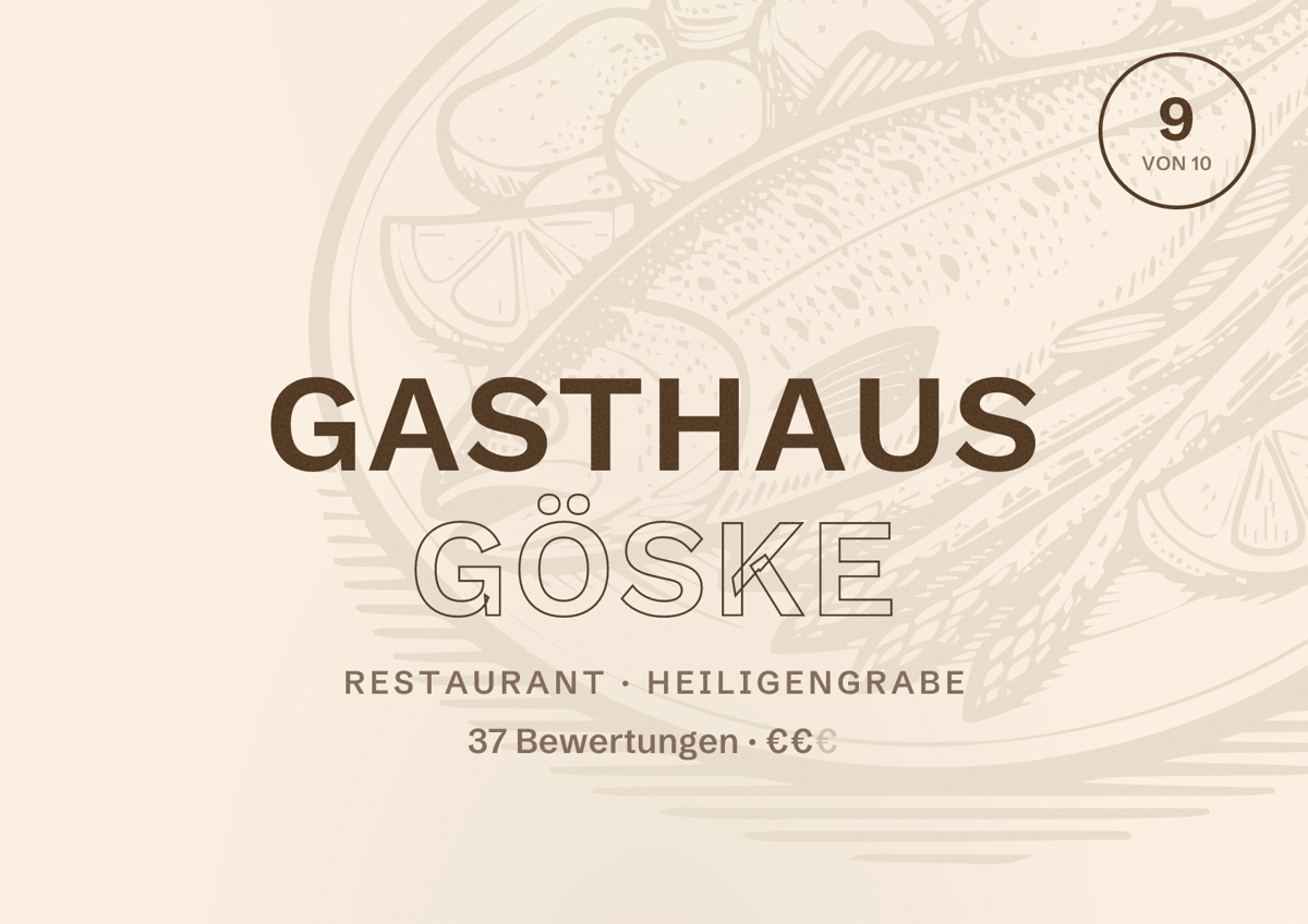 Illustriertes Poster von Gasthaus Göske, Restaurant in Heiligengrabe: Bewertung 9 von 10 aus 37 Bewertungen, Preisniveau €€