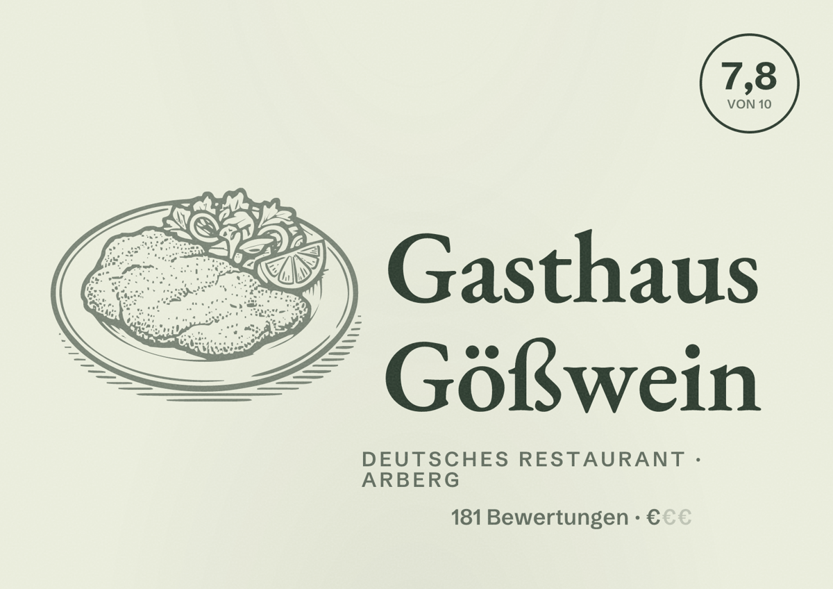 Illustriertes Poster von Gasthaus Gößwein, Deutsches Restaurant in Arberg: Bewertung 7,8 von 10 aus 181 Bewertungen, Preisniveau €