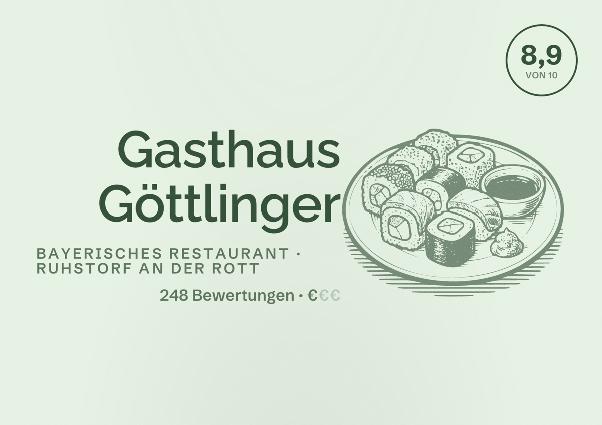 Illustriertes Poster von Gasthaus Göttlinger, Bayerisches Restaurant in Ruhstorf an der Rott: Bewertung 8,9 von 10 aus 248 Bewertungen, Preisniveau €