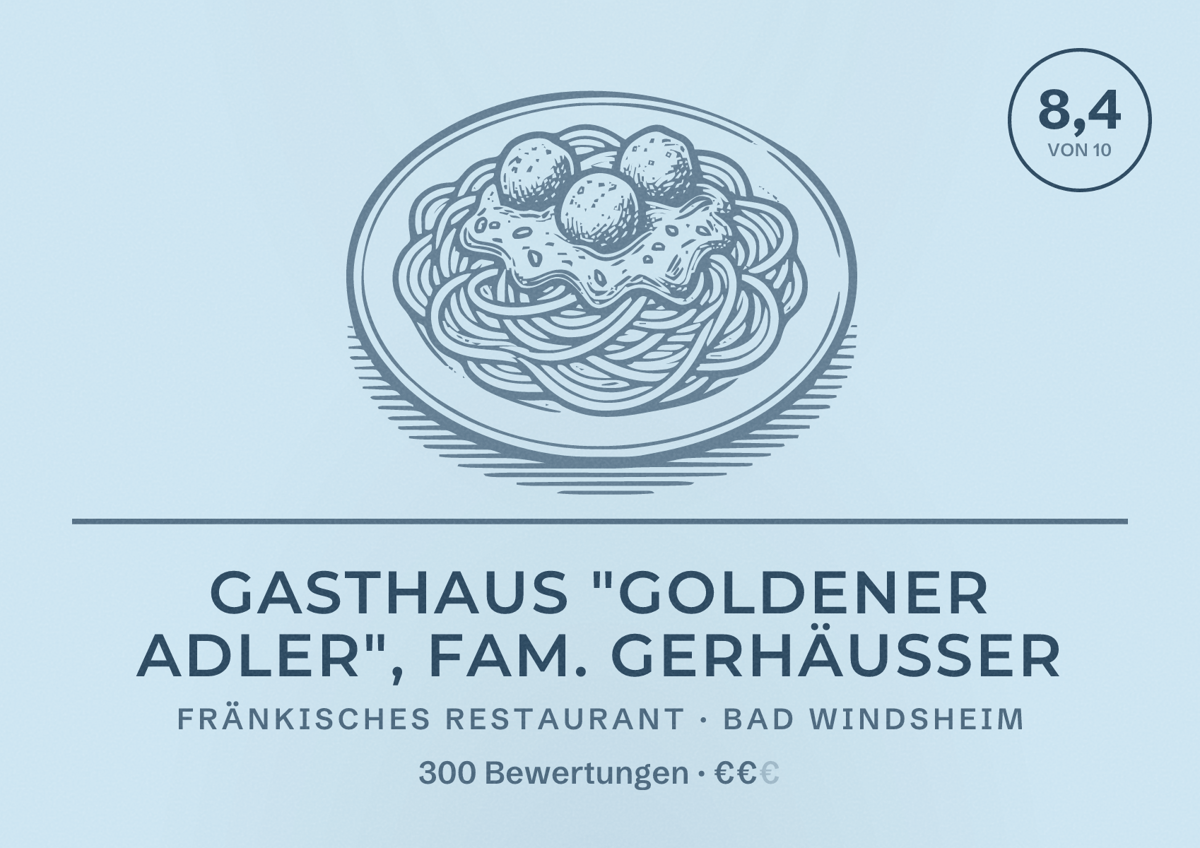 Illustriertes Poster von Gasthaus "Goldener Adler", Fam. Gerhäußer, Fränkisches Restaurant in Bad Windsheim: Bewertung 8,4 von 10 aus 300 Bewertungen, Preisniveau €€