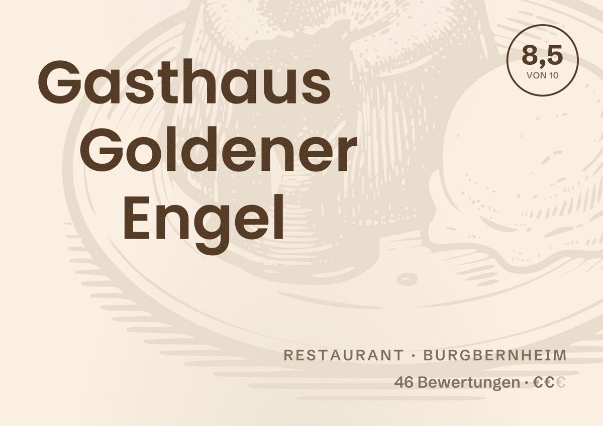 Illustriertes Poster von Gasthaus Goldener Engel, Restaurant in Burgbernheim: Bewertung 8,5 von 10 aus 46 Bewertungen, Preisniveau €€