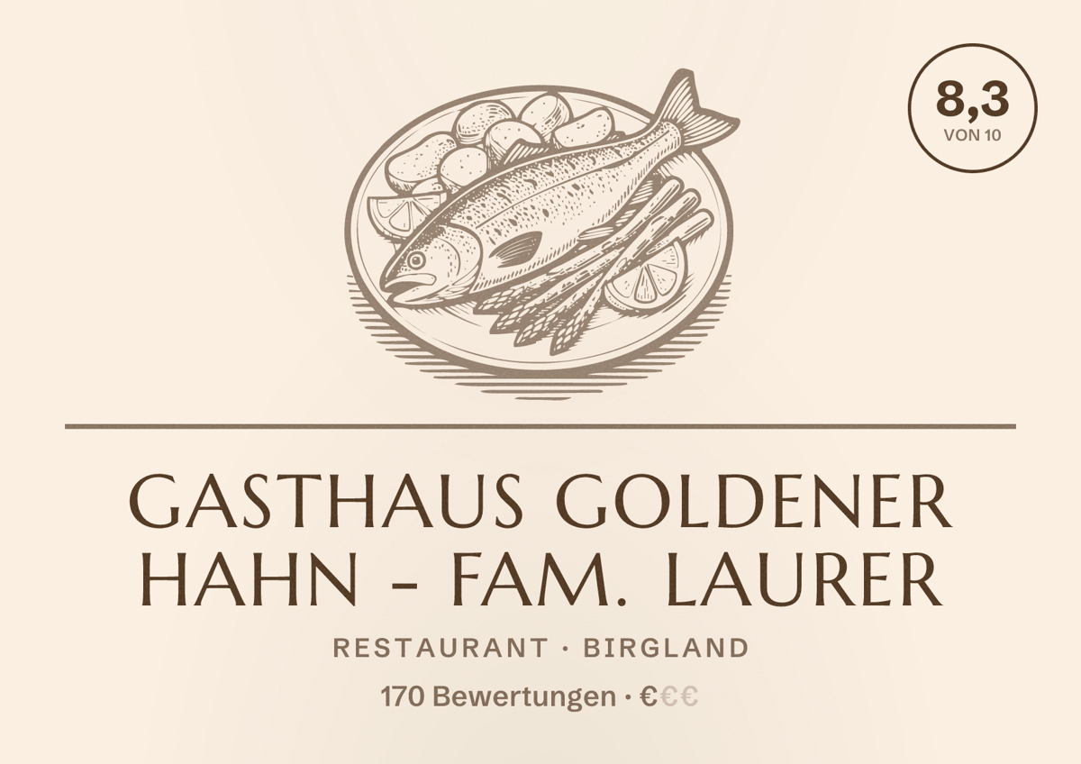 Illustriertes Poster von Gasthaus Goldener Hahn - Fam. Laurer, Restaurant in Birgland: Bewertung 8,3 von 10 aus 170 Bewertungen, Preisniveau €