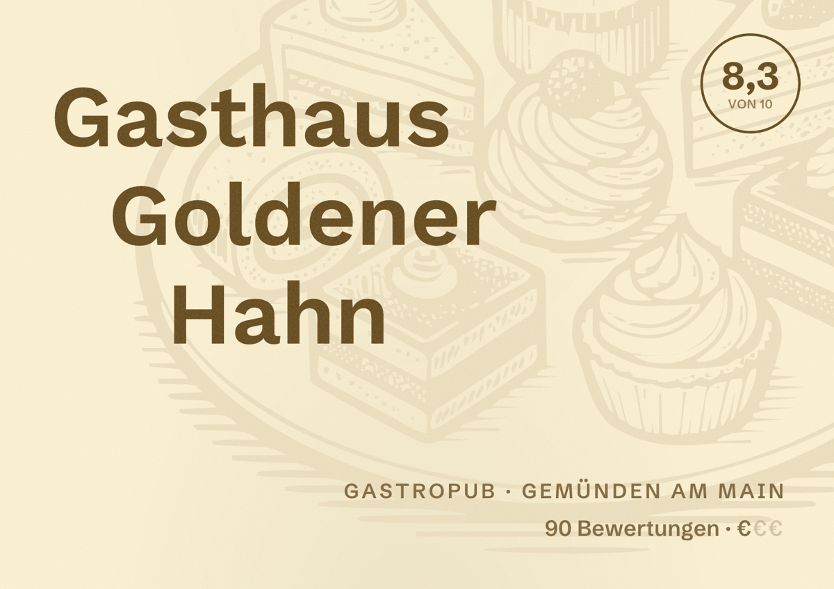 Illustriertes Poster von Gasthaus Goldener Hahn, Gastropub in Gemünden am Main: Bewertung 8,3 von 10 aus 90 Bewertungen, Preisniveau €