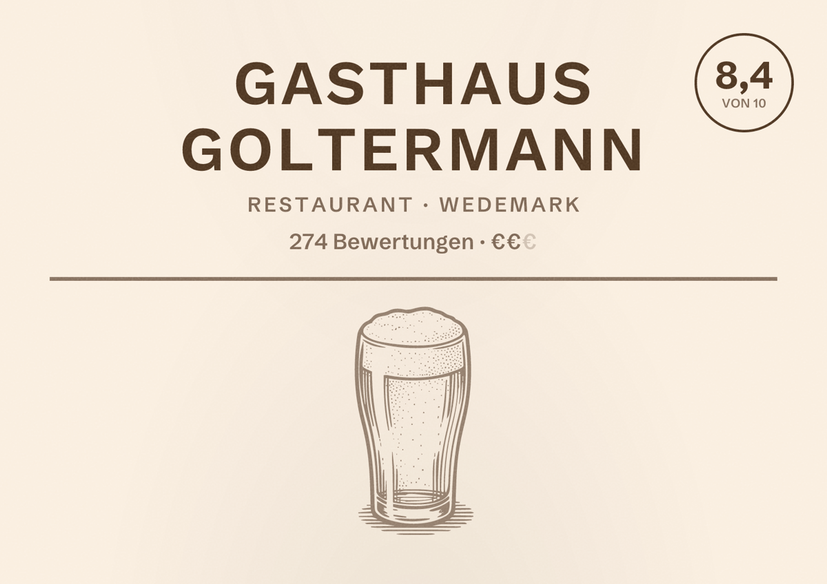 Illustriertes Poster von Gasthaus Goltermann, Restaurant in Wedemark: Bewertung 8,4 von 10 aus 274 Bewertungen, Preisniveau €€