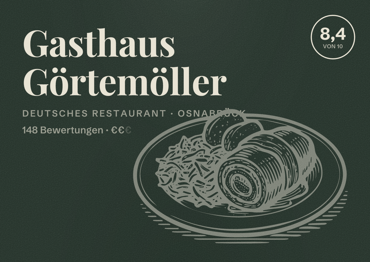Illustriertes Poster von Gasthaus Görtemöller, Deutsches Restaurant in Osnabrück: Bewertung 8,4 von 10 aus 148 Bewertungen, Preisniveau €€
