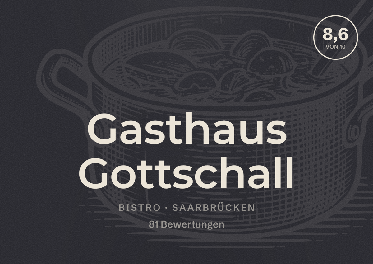 Illustriertes Poster von Gasthaus Gottschall, Bistro in Saarbrücken: Bewertung 8,6 von 10 aus 81 Bewertungen