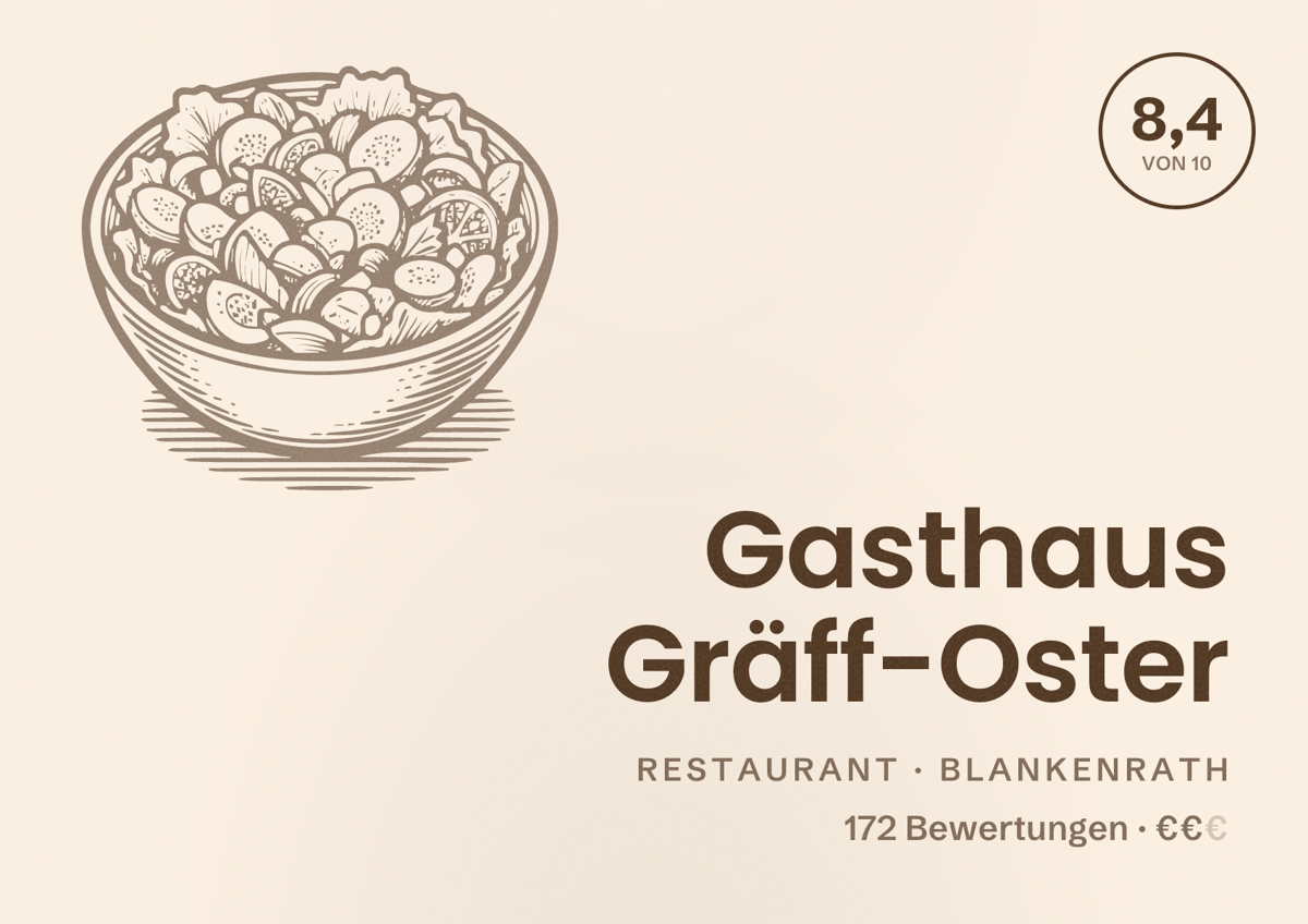 Illustriertes Poster von Gasthaus Gräff-Oster, Restaurant in Blankenrath: Bewertung 8,4 von 10 aus 172 Bewertungen, Preisniveau €€