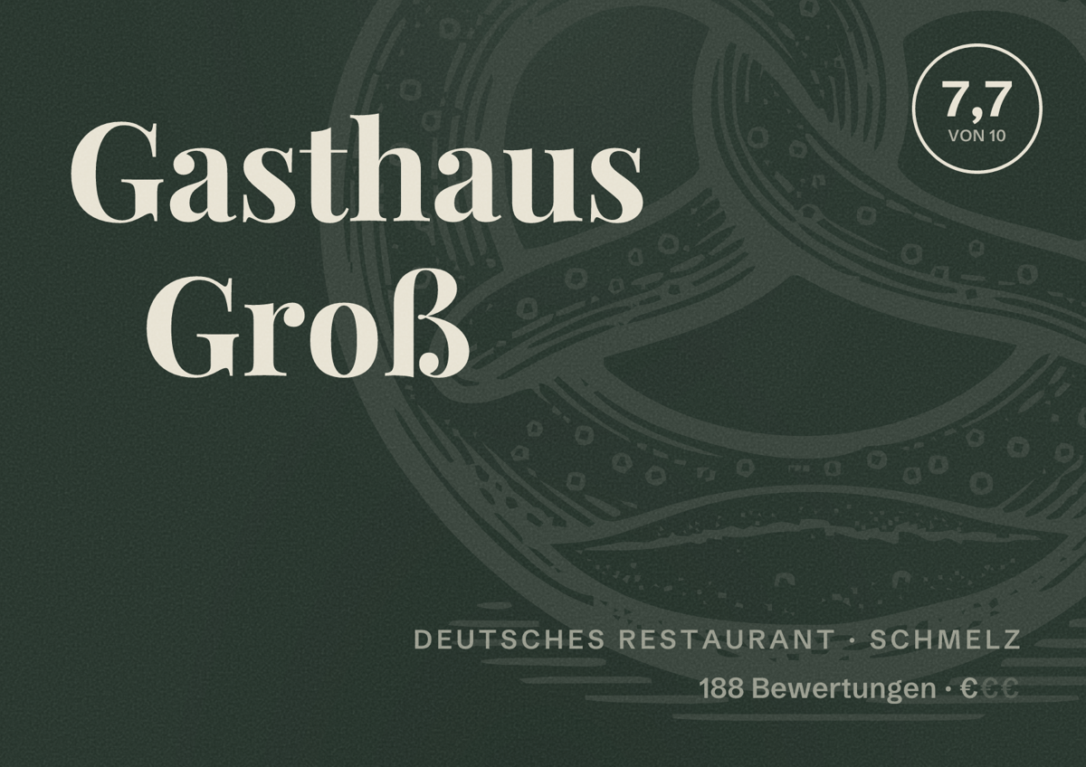 Illustriertes Poster von Gasthaus Groß, Deutsches Restaurant in Schmelz: Bewertung 7,7 von 10 aus 188 Bewertungen, Preisniveau €
