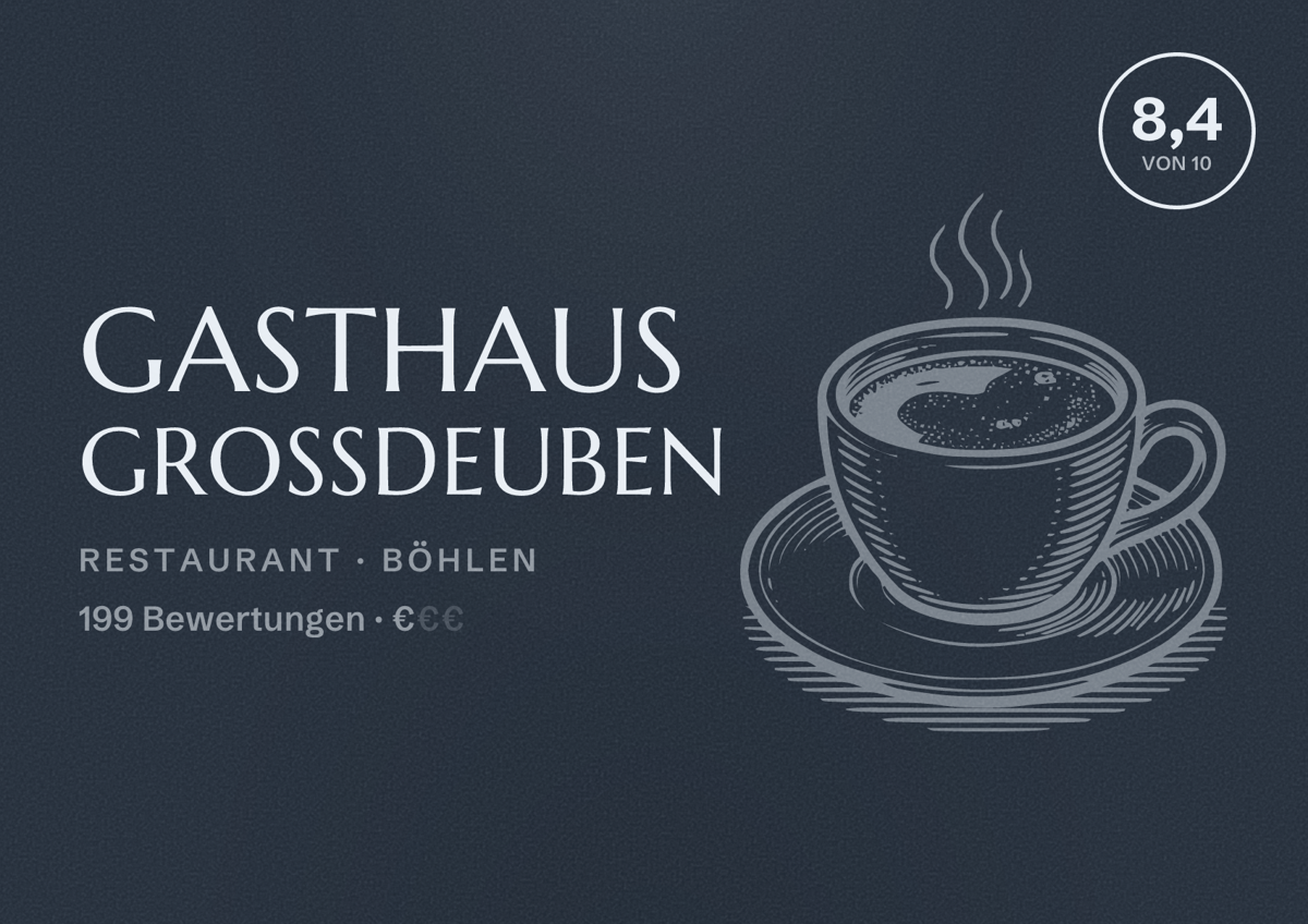Illustriertes Poster von Gasthaus Großdeuben, Restaurant in Böhlen: Bewertung 8,4 von 10 aus 199 Bewertungen, Preisniveau €