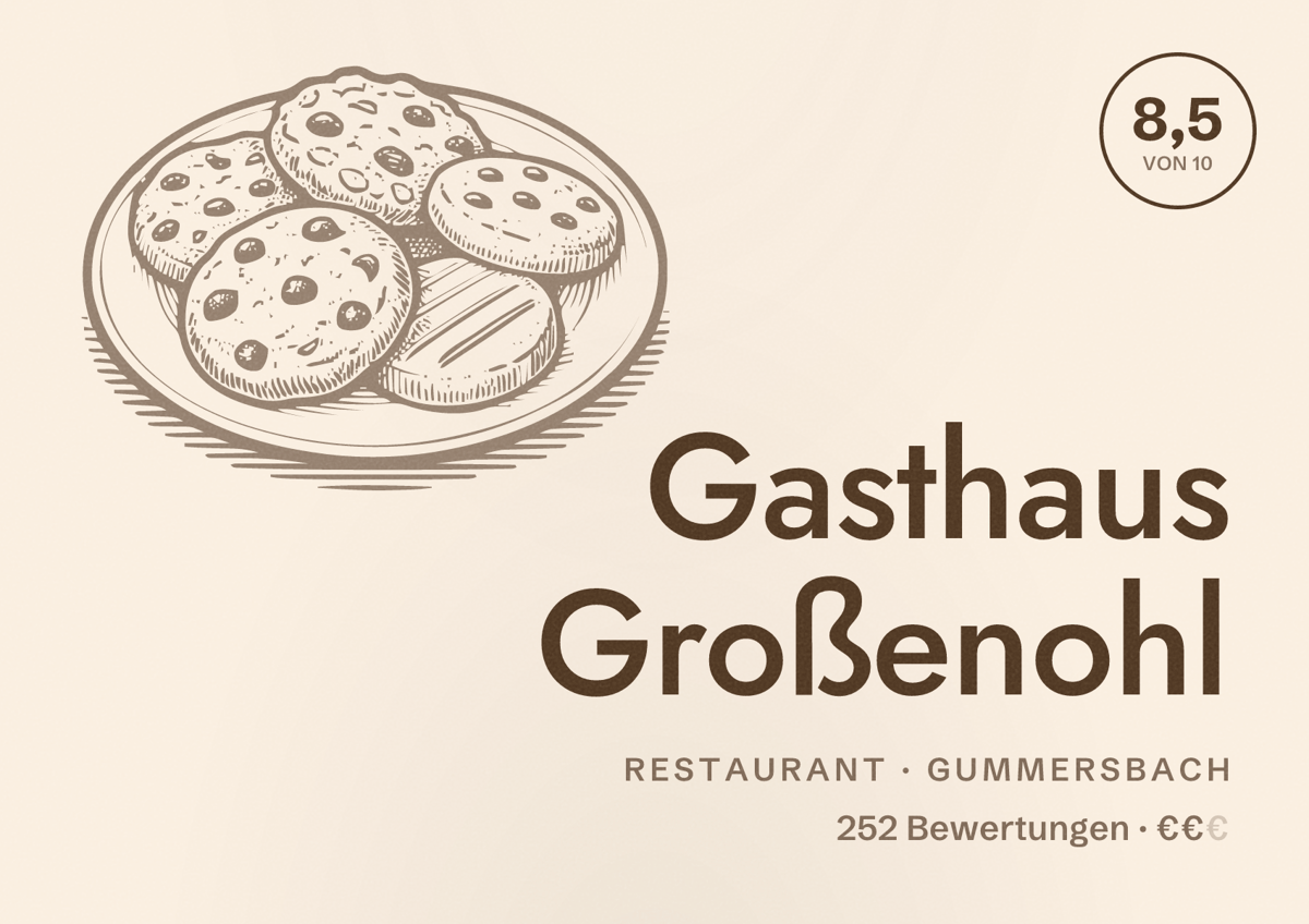 Illustriertes Poster von Gasthaus Großenohl, Restaurant in Gummersbach: Bewertung 8,5 von 10 aus 252 Bewertungen, Preisniveau €€