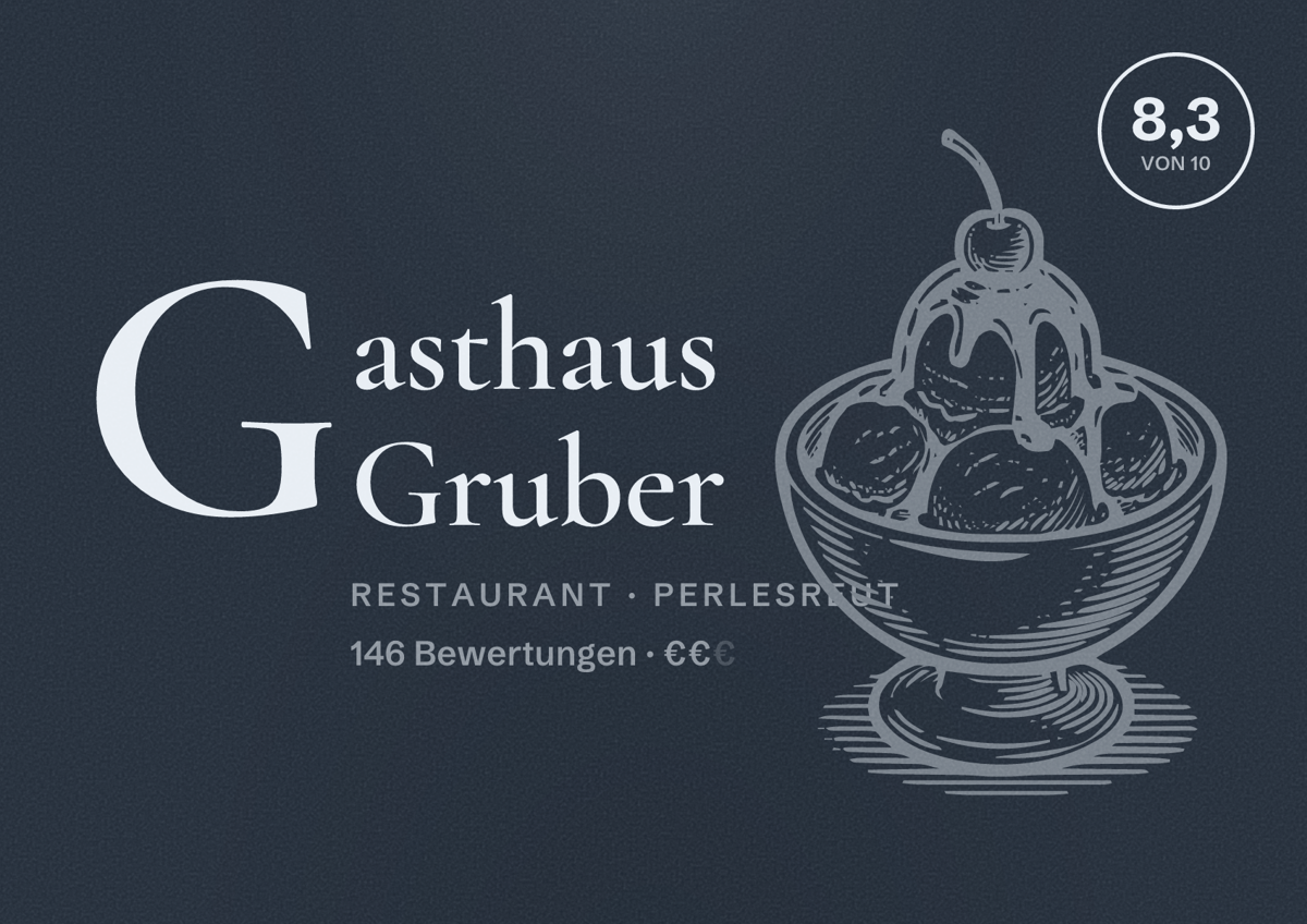 Illustriertes Poster von Gasthaus Gruber, Restaurant in Perlesreut: Bewertung 8,3 von 10 aus 146 Bewertungen, Preisniveau €€