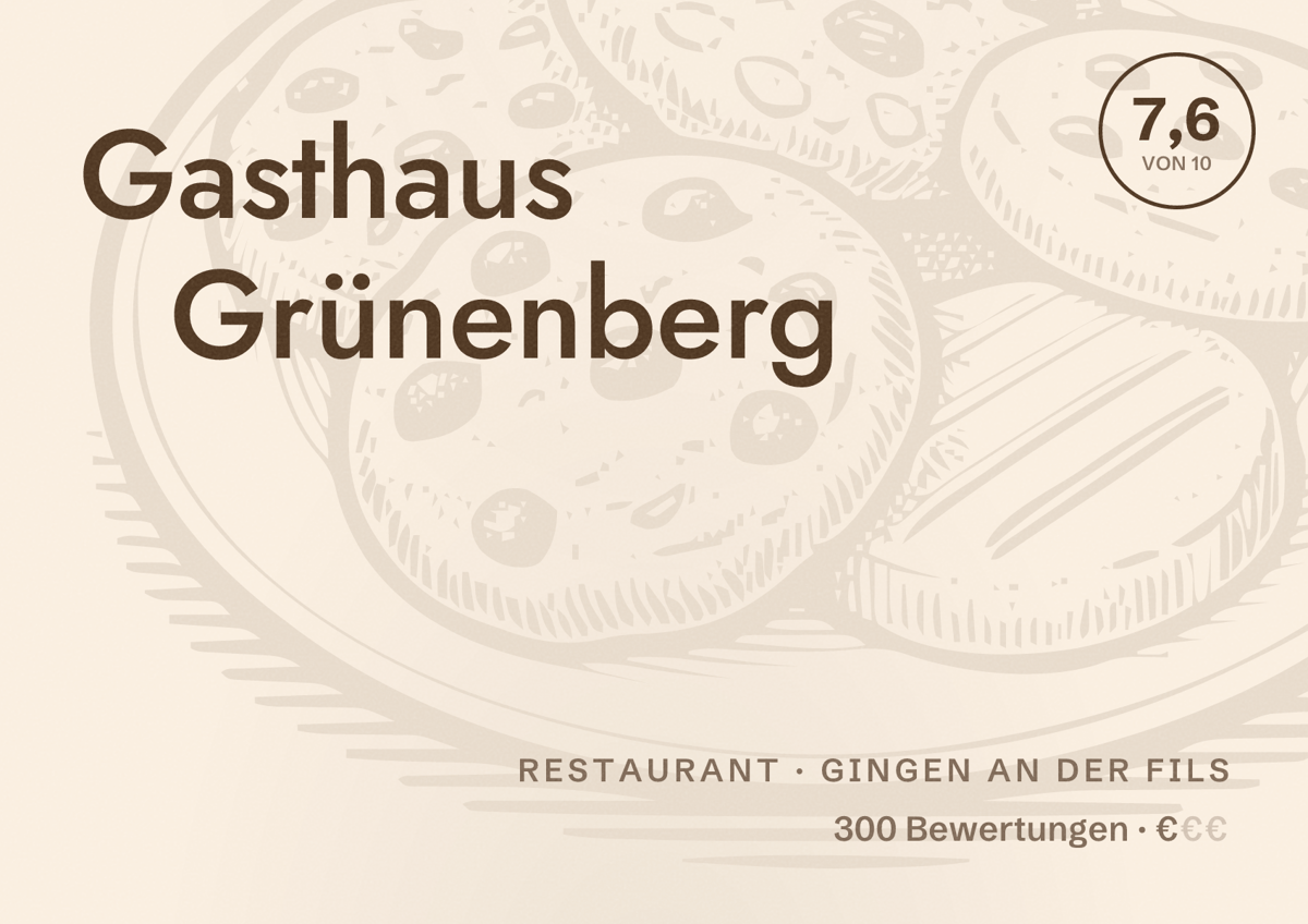 Illustriertes Poster von Gasthaus Grünenberg, Restaurant in Gingen an der Fils: Bewertung 7,6 von 10 aus 300 Bewertungen, Preisniveau €