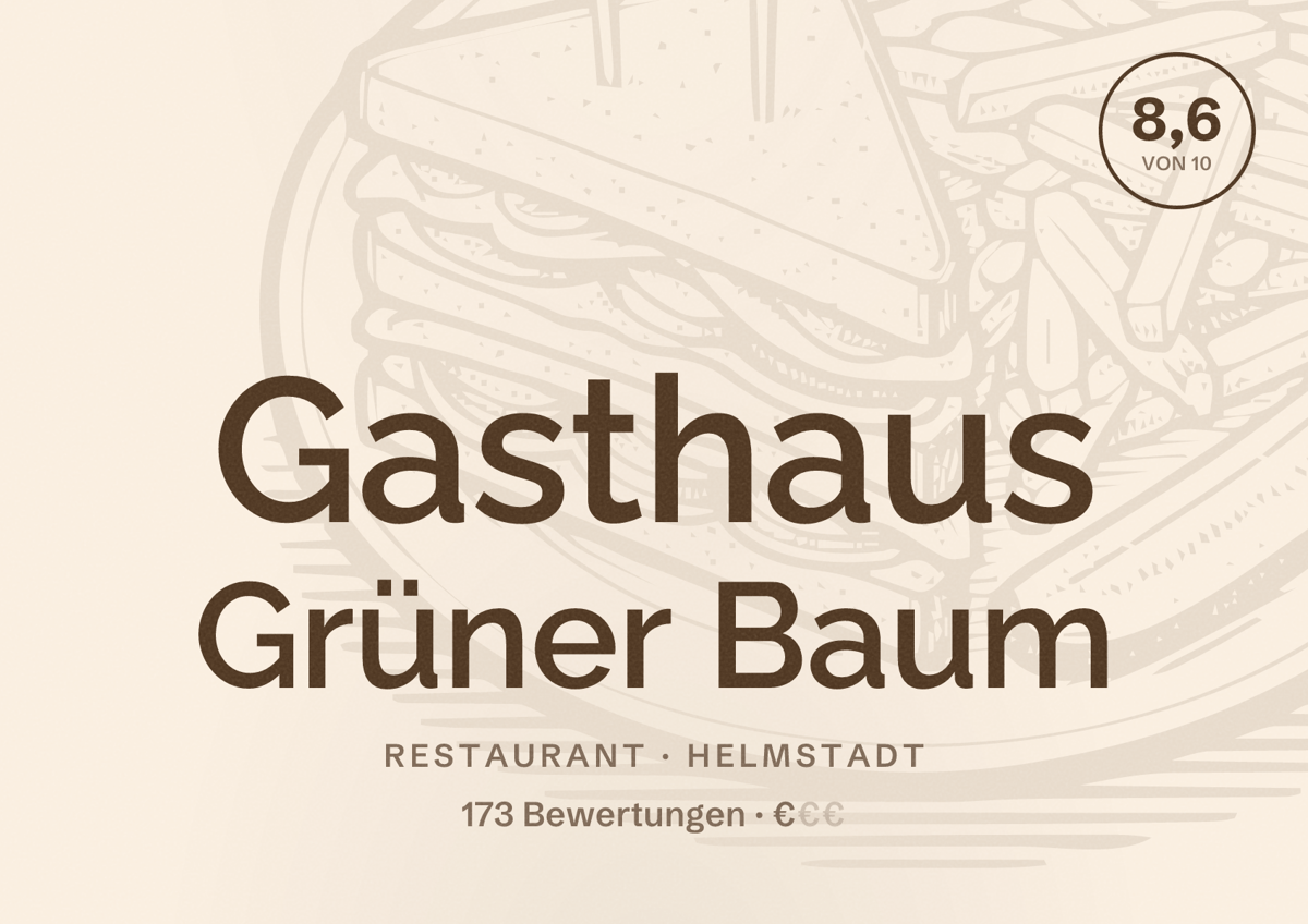 Illustriertes Poster von Gasthaus Grüner Baum, Restaurant in Helmstadt: Bewertung 8,6 von 10 aus 173 Bewertungen, Preisniveau €