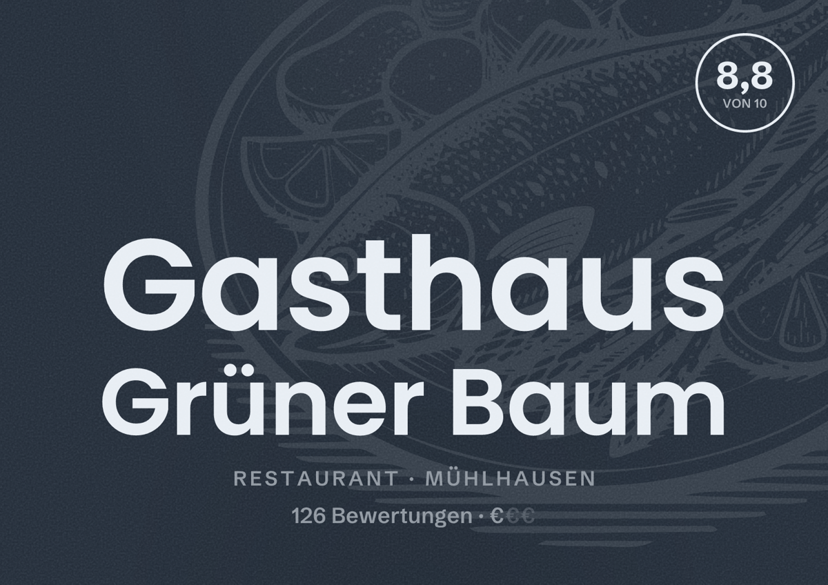 Illustriertes Poster von Gasthaus Grüner Baum, Restaurant in Mühlhausen: Bewertung 8,8 von 10 aus 126 Bewertungen, Preisniveau €