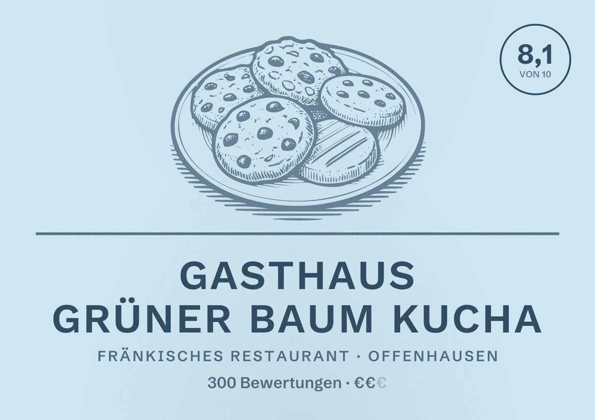 Illustriertes Poster von Gasthaus Grüner Baum Kucha, Fränkisches Restaurant in Offenhausen: Bewertung 8,1 von 10 aus 300 Bewertungen, Preisniveau €€