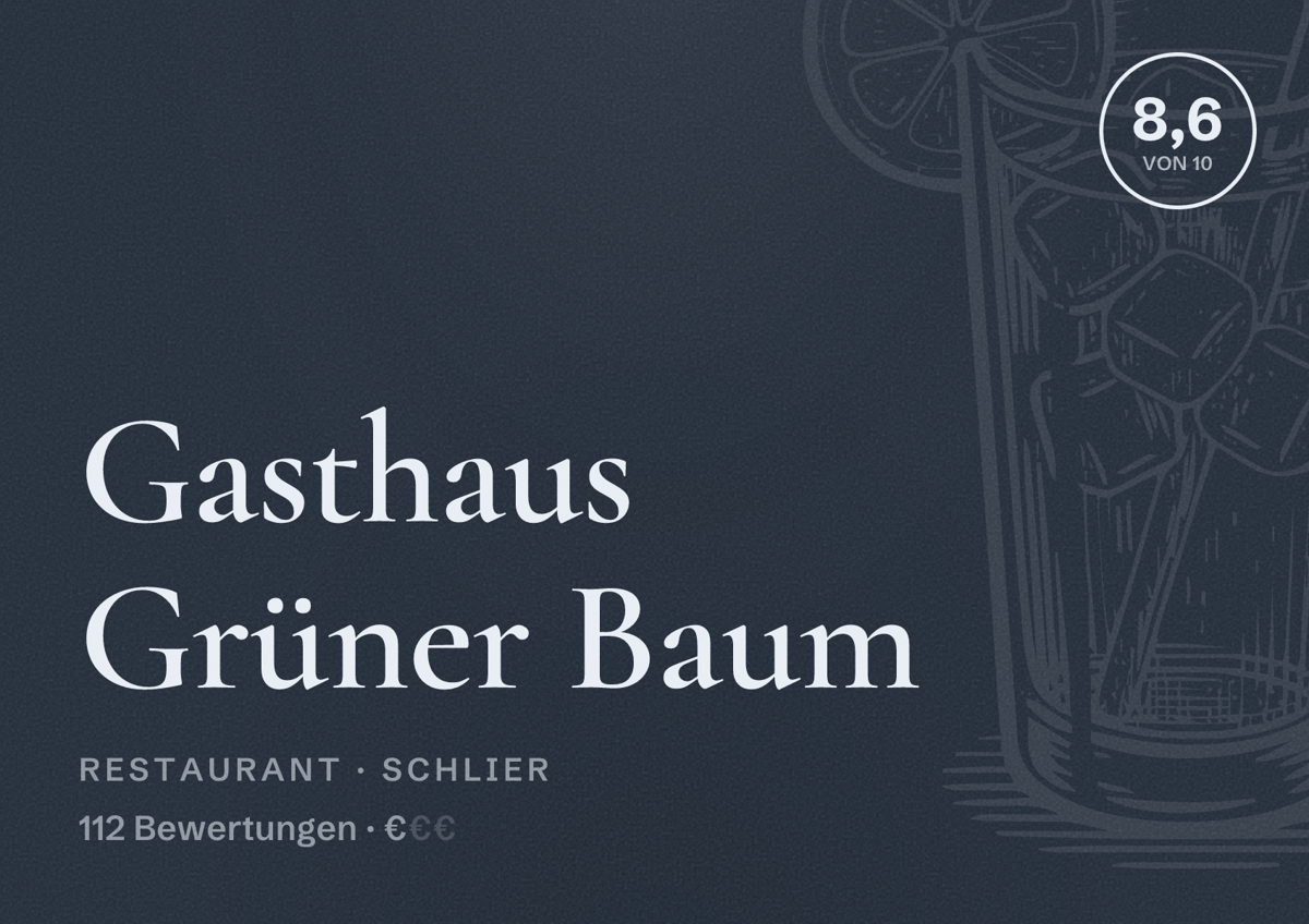 Illustriertes Poster von Gasthaus Grüner Baum, Restaurant in Schlier: Bewertung 8,6 von 10 aus 112 Bewertungen, Preisniveau €