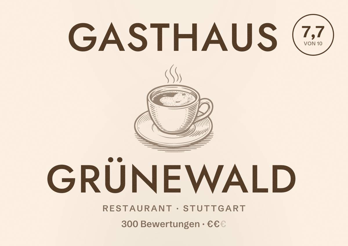 Illustriertes Poster von Gasthaus Grünewald, Restaurant in Stuttgart: Bewertung 7,7 von 10 aus 300 Bewertungen, Preisniveau €€