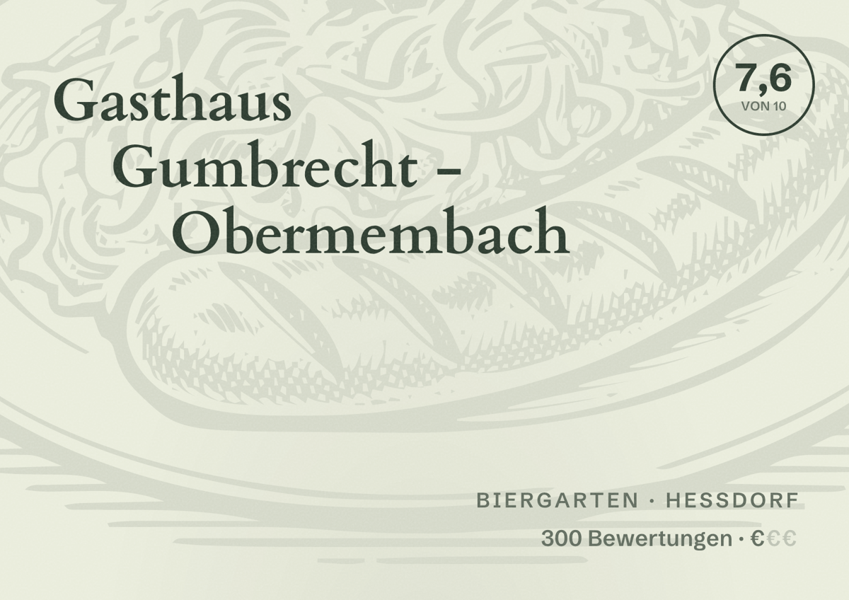 Illustriertes Poster von Gasthaus Gumbrecht - Obermembach, Biergarten in Heßdorf: Bewertung 7,6 von 10 aus 300 Bewertungen, Preisniveau €