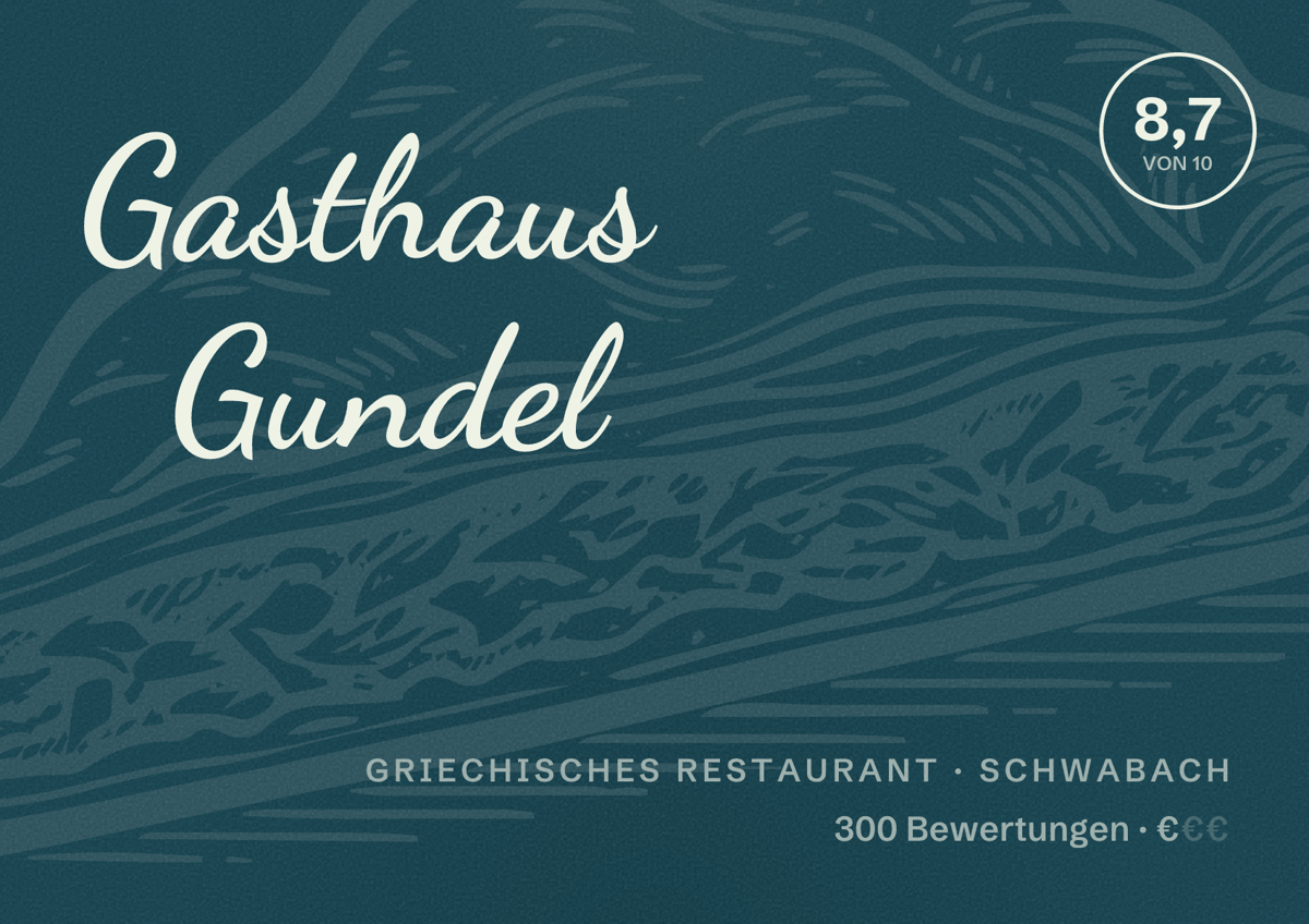 Illustriertes Poster von Gasthaus Gundel, Griechisches Restaurant in Schwabach: Bewertung 8,7 von 10 aus 300 Bewertungen, Preisniveau €