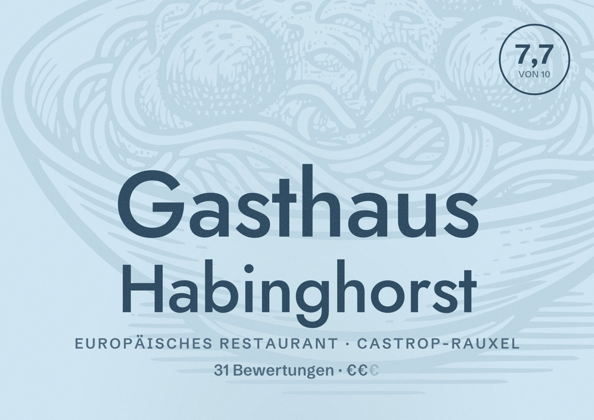 Illustriertes Poster von Gasthaus Habinghorst, Europäisches Restaurant in Castrop-Rauxel: Bewertung 7,7 von 10 aus 31 Bewertungen, Preisniveau €€