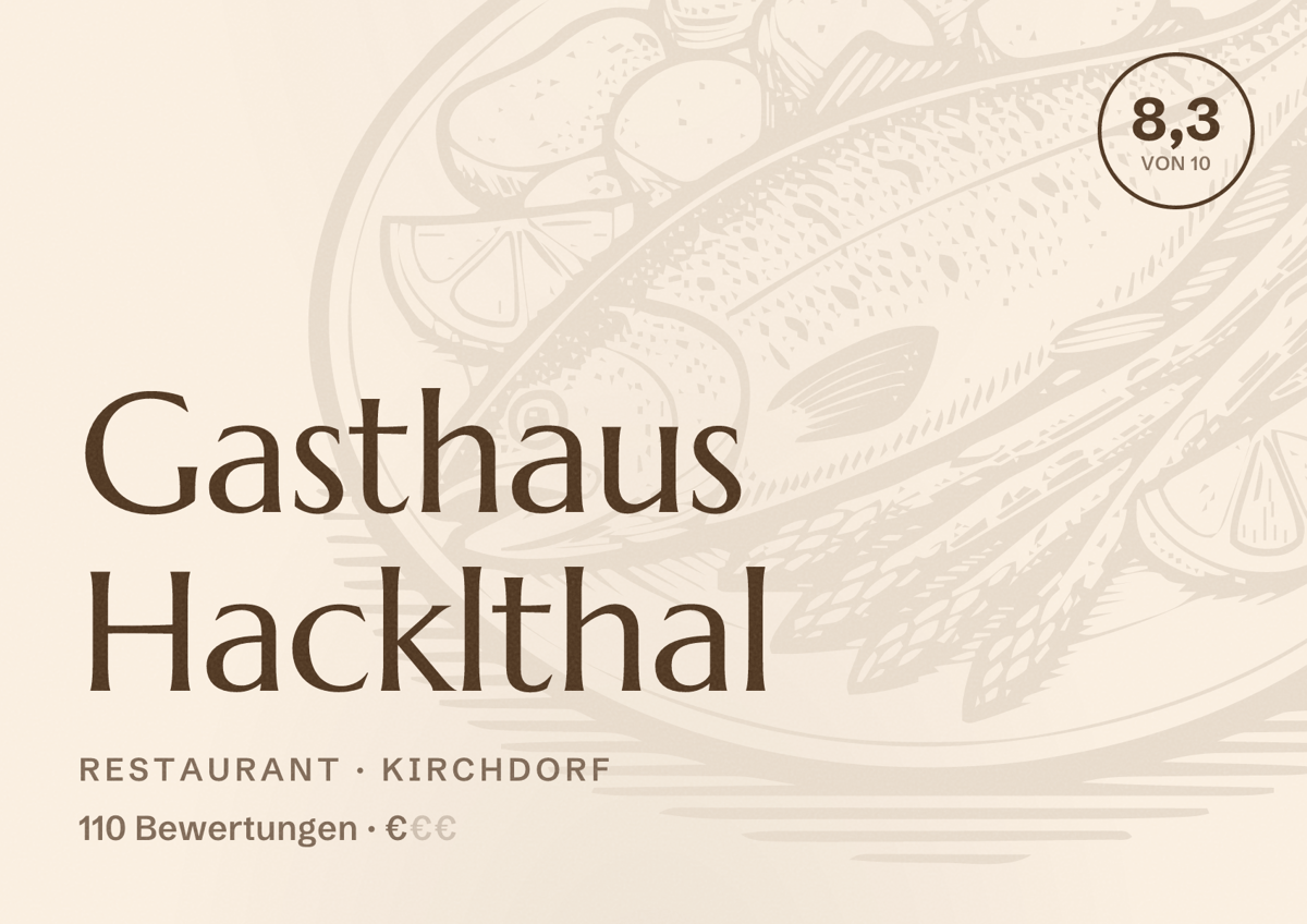 Illustriertes Poster von Gasthaus Hacklthal, Restaurant in Kirchdorf: Bewertung 8,3 von 10 aus 110 Bewertungen, Preisniveau €