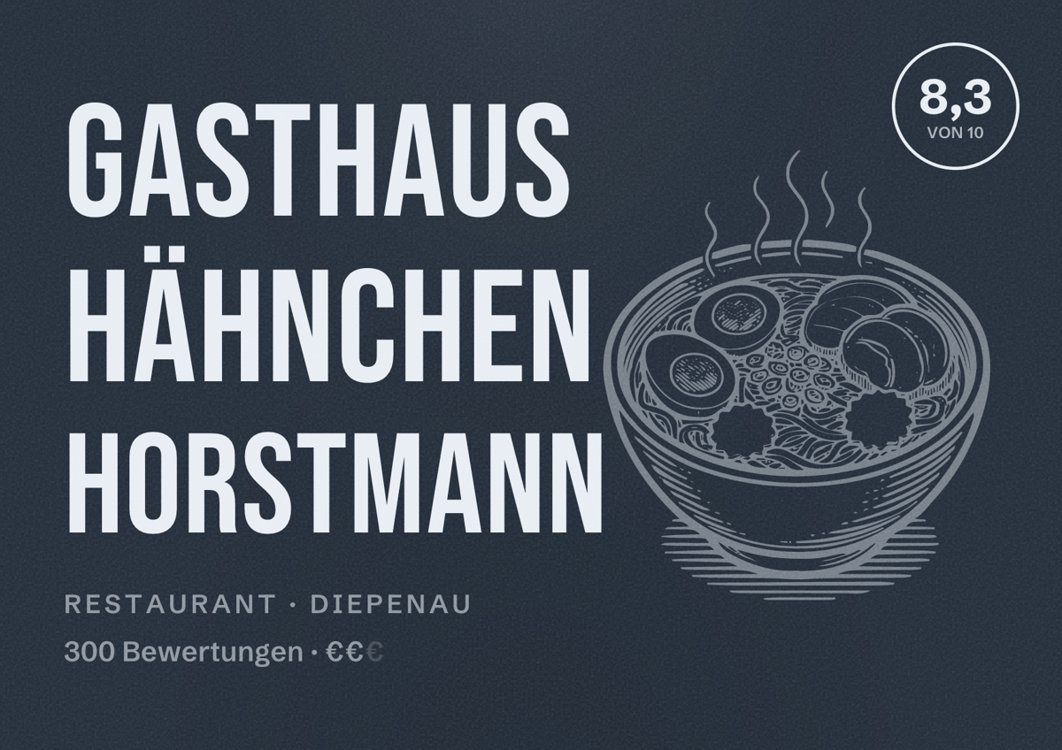 Illustriertes Poster von Gasthaus Hähnchen Horstmann, Restaurant in Diepenau: Bewertung 8,3 von 10 aus 300 Bewertungen, Preisniveau €€