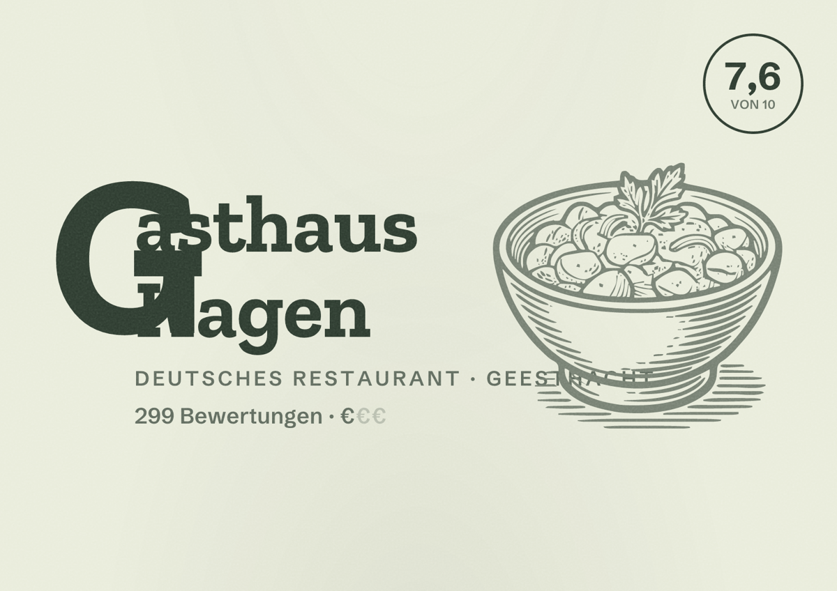 Illustriertes Poster von Gasthaus Hagen, Deutsches Restaurant in Geesthacht: Bewertung 7,6 von 10 aus 299 Bewertungen, Preisniveau €