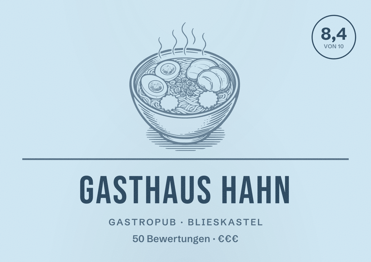 Illustriertes Poster von Gasthaus Hahn, Gastropub in Blieskastel: Bewertung 8,4 von 10 aus 50 Bewertungen, Preisniveau €€€