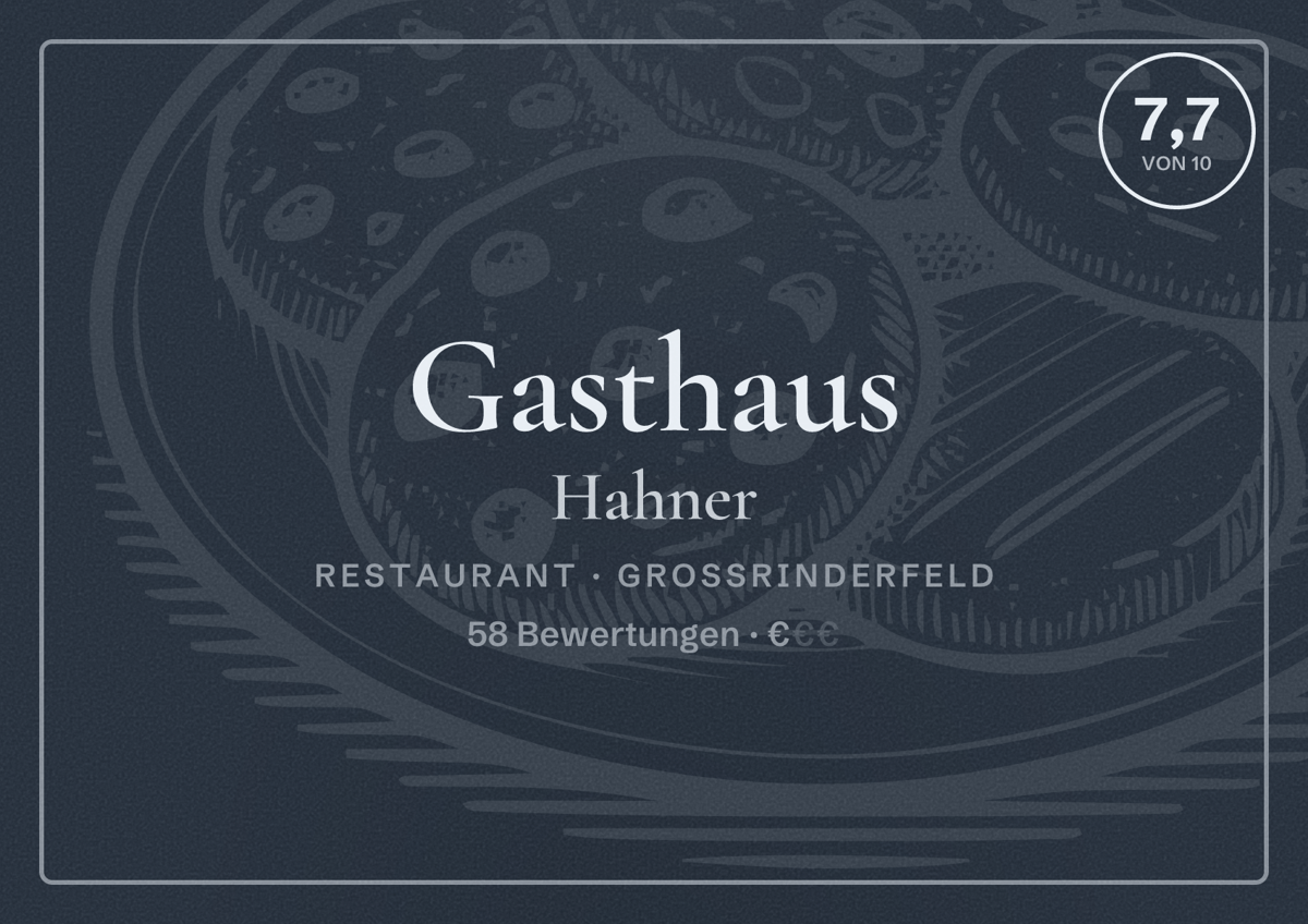 Illustriertes Poster von Gasthaus Hahner, Restaurant in Großrinderfeld: Bewertung 7,7 von 10 aus 58 Bewertungen, Preisniveau €