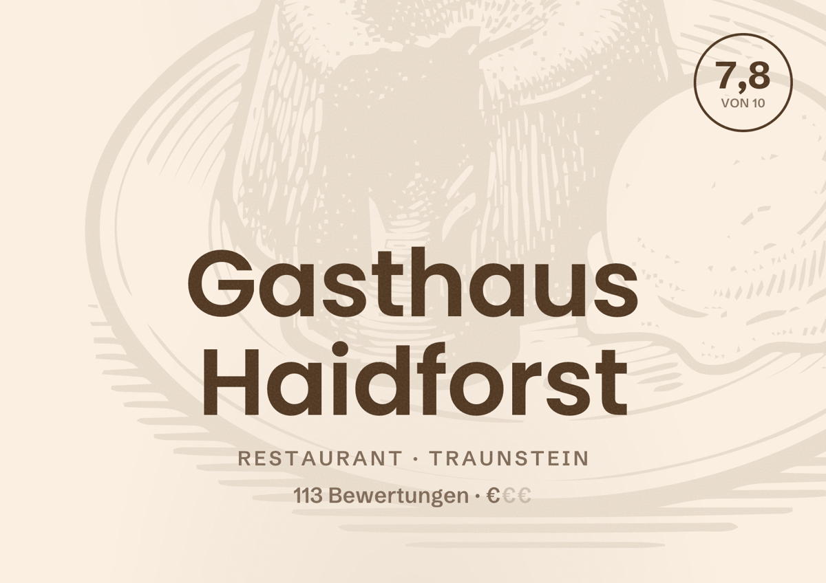 Illustriertes Poster von Gasthaus Haidforst, Restaurant in Traunstein: Bewertung 7,8 von 10 aus 113 Bewertungen, Preisniveau €