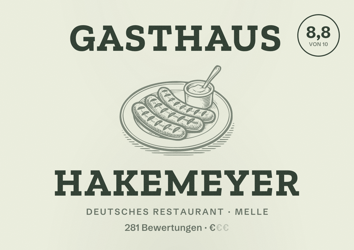 Illustriertes Poster von Gasthaus Hakemeyer, Deutsches Restaurant in Melle: Bewertung 8,8 von 10 aus 281 Bewertungen, Preisniveau €