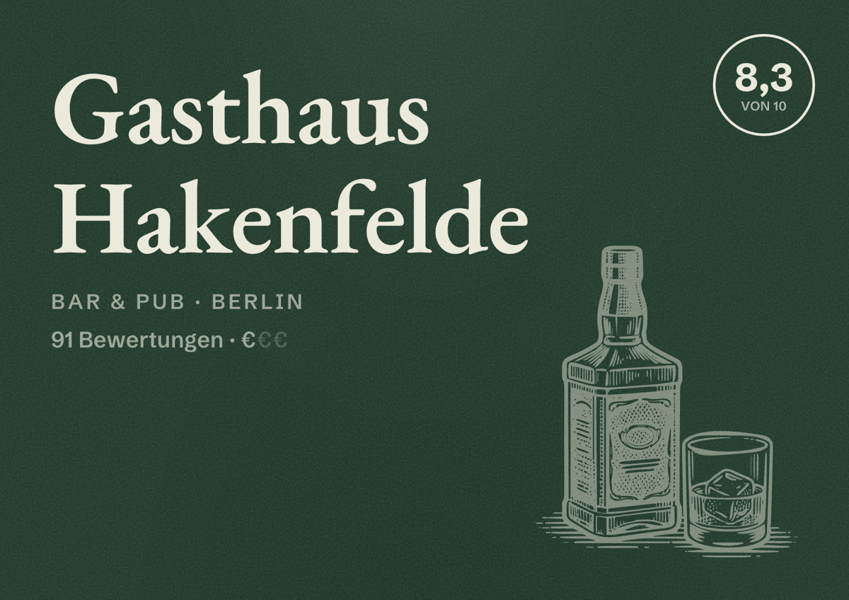 Illustriertes Poster von Gasthaus Hakenfelde, Bar & Pub in Berlin: Bewertung 8,3 von 10 aus 91 Bewertungen, Preisniveau €