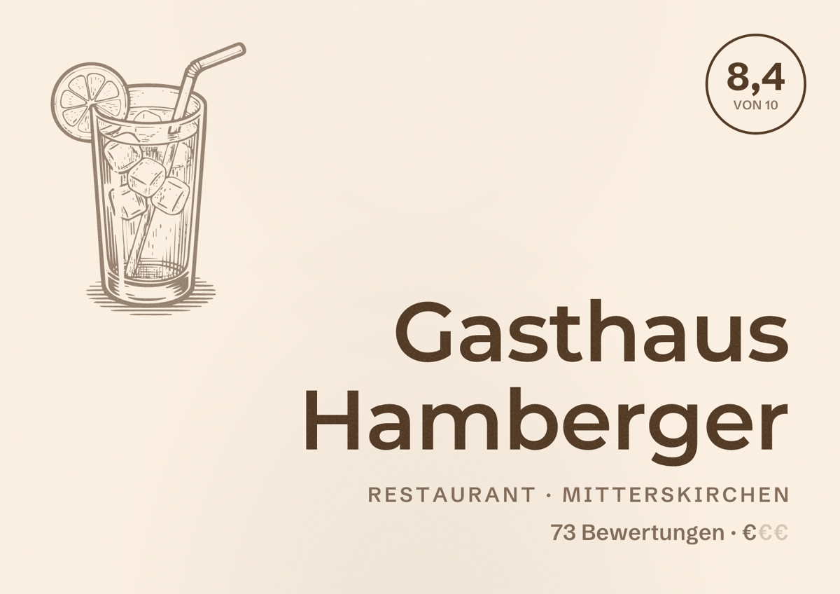 Illustriertes Poster von Gasthaus Hamberger, Restaurant in Mitterskirchen: Bewertung 8,4 von 10 aus 73 Bewertungen, Preisniveau €