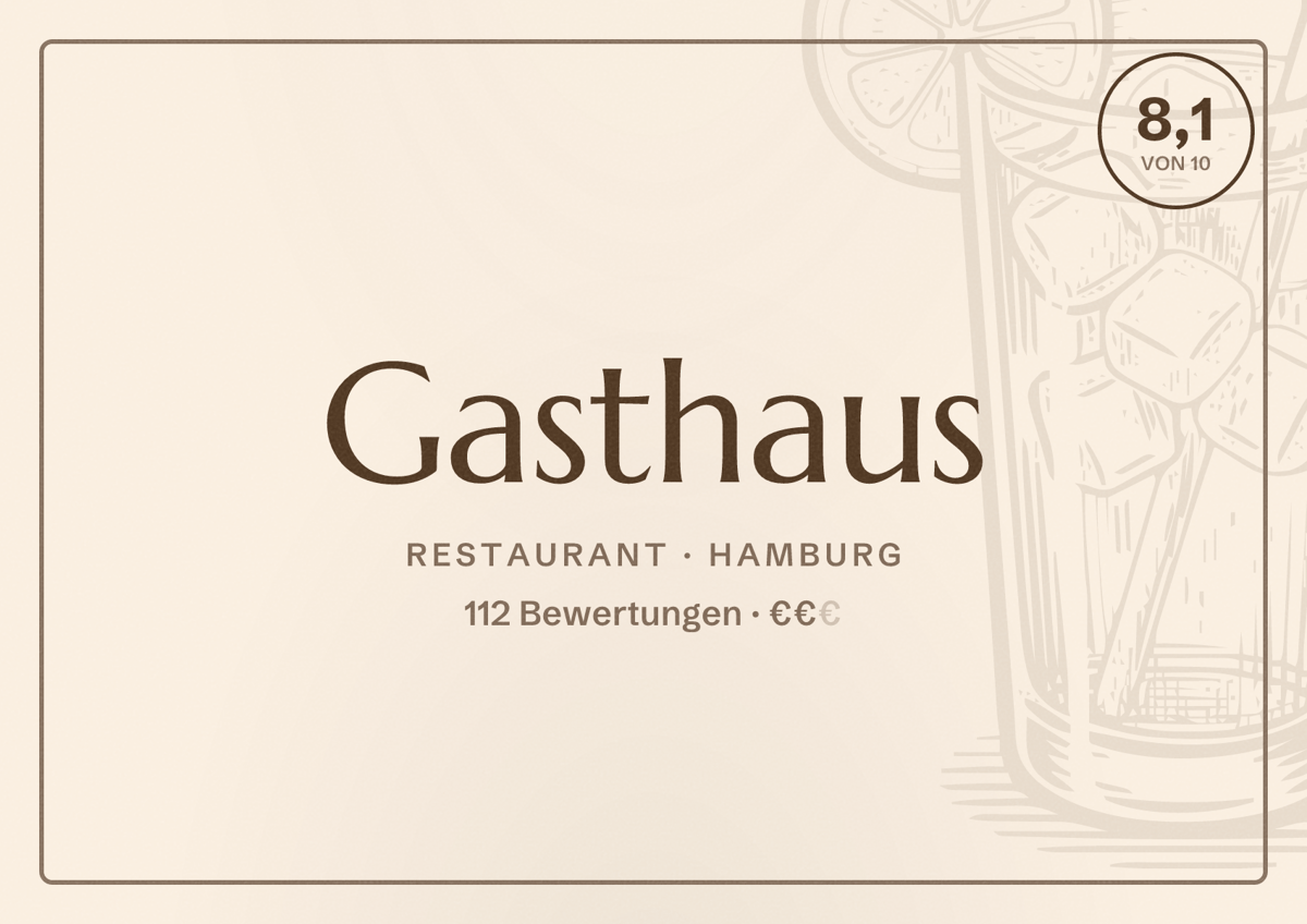 Illustriertes Poster von Gasthaus, Restaurant in Hamburg: Bewertung 8,1 von 10 aus 112 Bewertungen, Preisniveau €€