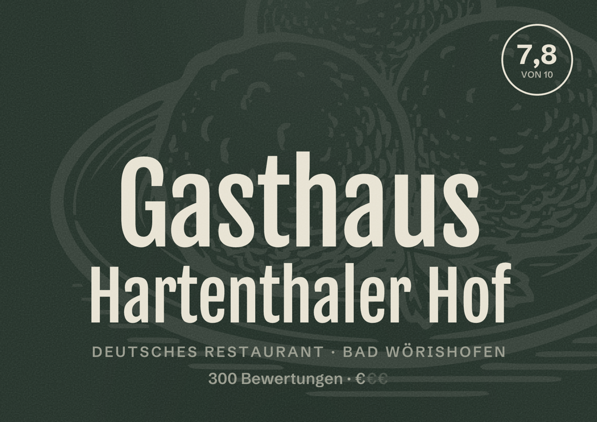 Illustriertes Poster von Gasthaus Hartenthaler Hof, Deutsches Restaurant in Bad Wörishofen: Bewertung 7,8 von 10 aus 300 Bewertungen, Preisniveau €