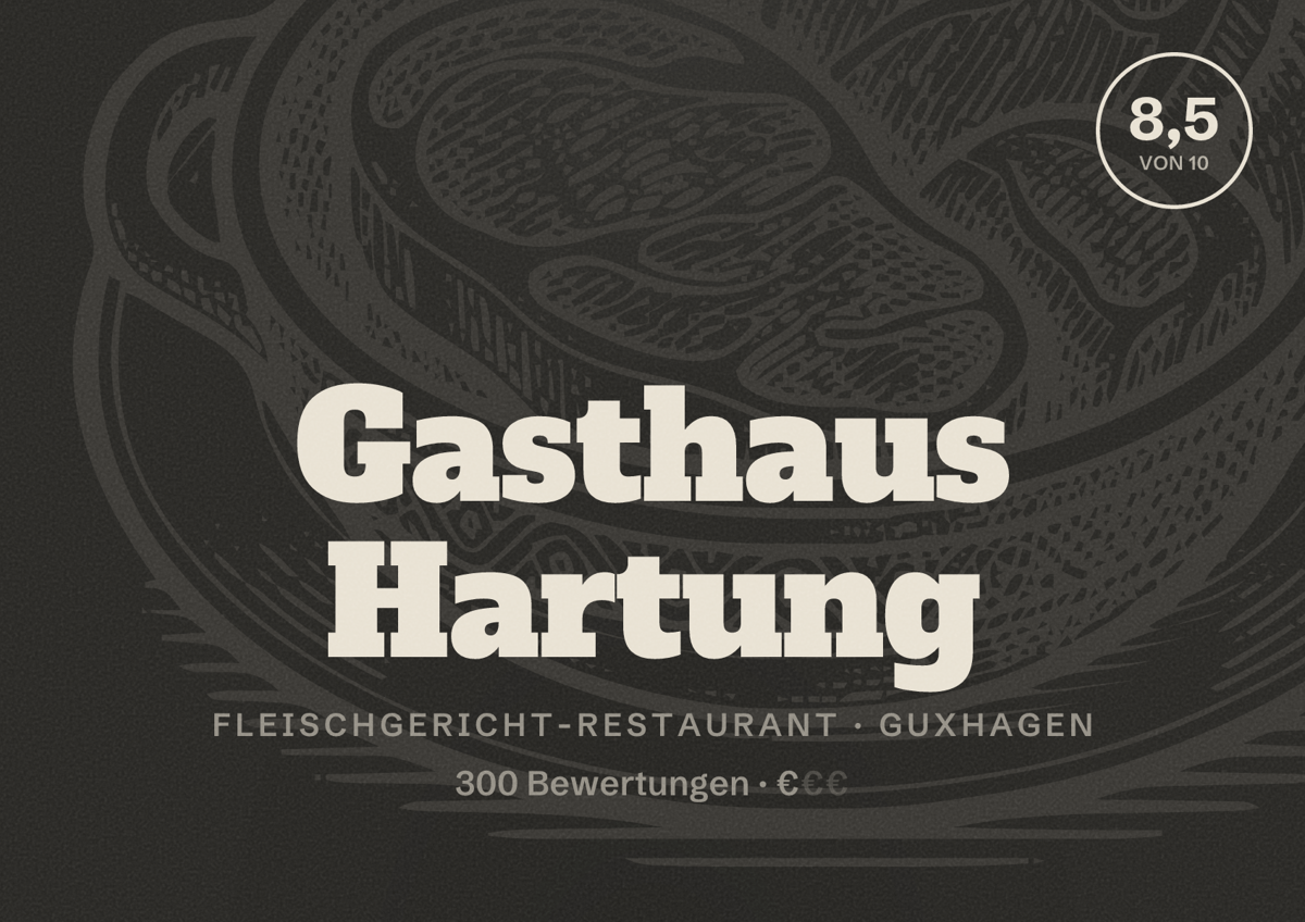 Illustriertes Poster von Gasthaus Hartung, Fleischgericht-Restaurant in Guxhagen: Bewertung 8,5 von 10 aus 300 Bewertungen, Preisniveau €