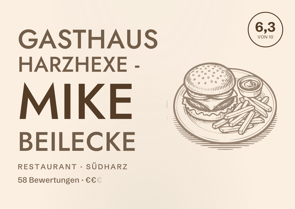 Illustriertes Poster von Gasthaus Harzhexe - Mike Beilecke, Restaurant in Südharz: Bewertung 6,3 von 10 aus 58 Bewertungen, Preisniveau €€
