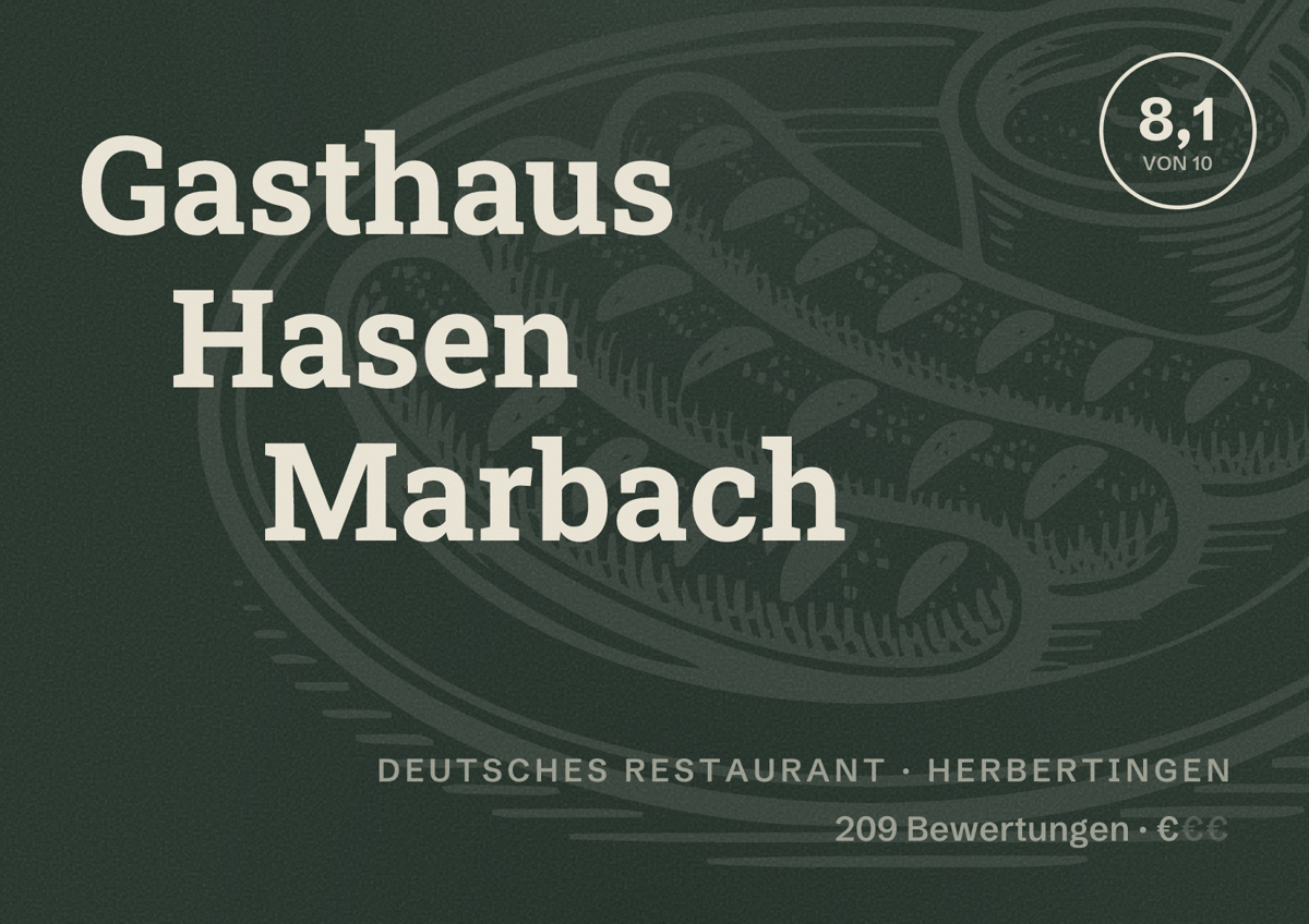 Illustriertes Poster von Gasthaus Hasen Marbach, Deutsches Restaurant in Herbertingen: Bewertung 8,1 von 10 aus 209 Bewertungen, Preisniveau €