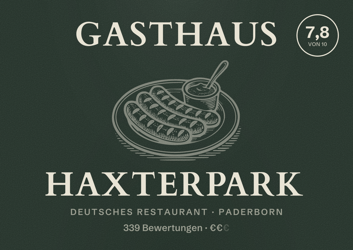 Illustriertes Poster von Gasthaus Haxterpark, Deutsches Restaurant in Paderborn: Bewertung 7,8 von 10 aus 339 Bewertungen, Preisniveau €€