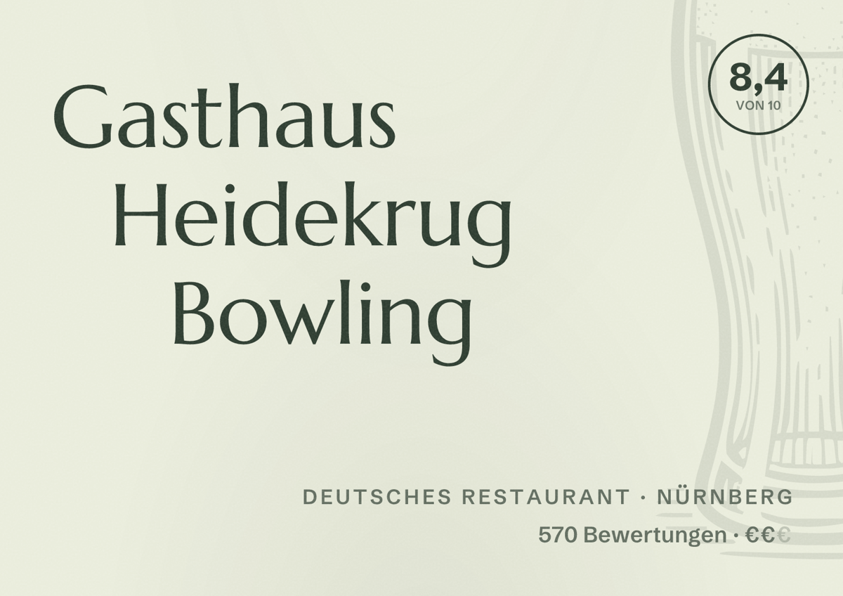 Illustriertes Poster von Gasthaus Heidekrug Bowling, Deutsches Restaurant in Nürnberg: Bewertung 8,4 von 10 aus 570 Bewertungen, Preisniveau €€