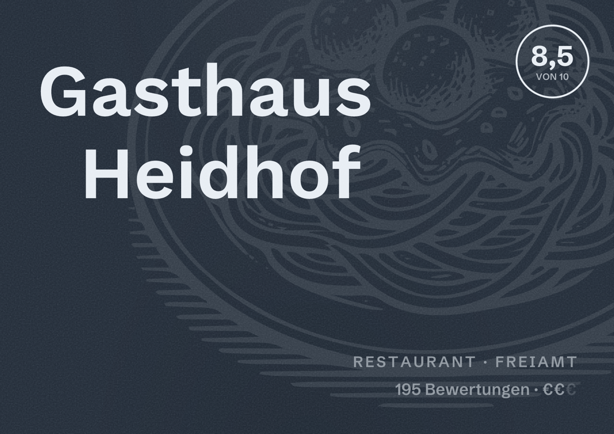 Illustriertes Poster von Gasthaus Heidhof, Restaurant in Freiamt: Bewertung 8,5 von 10 aus 195 Bewertungen, Preisniveau €€