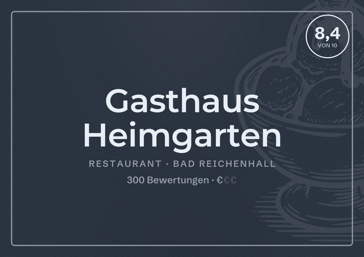 Illustriertes Poster von Gasthaus Heimgarten, Restaurant in Bad Reichenhall: Bewertung 8,4 von 10 aus 300 Bewertungen, Preisniveau €