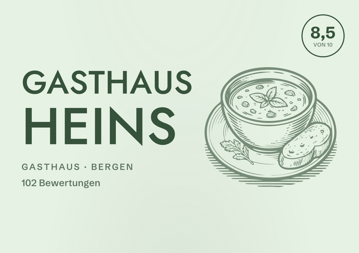 Illustriertes Poster von Gasthaus Heins, Gasthaus in Bergen: Bewertung 8,5 von 10 aus 102 Bewertungen