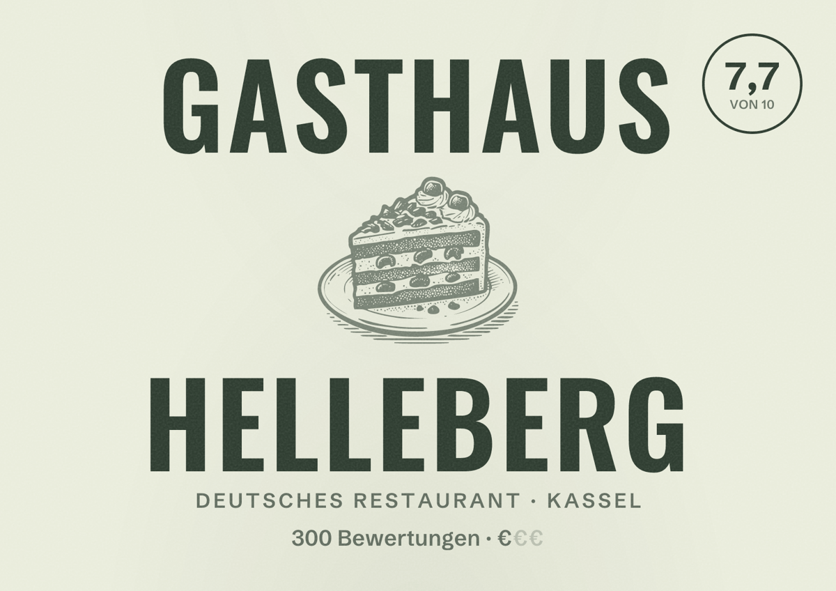 Illustriertes Poster von Gasthaus Helleberg, Deutsches Restaurant in Kassel: Bewertung 7,7 von 10 aus 300 Bewertungen, Preisniveau €