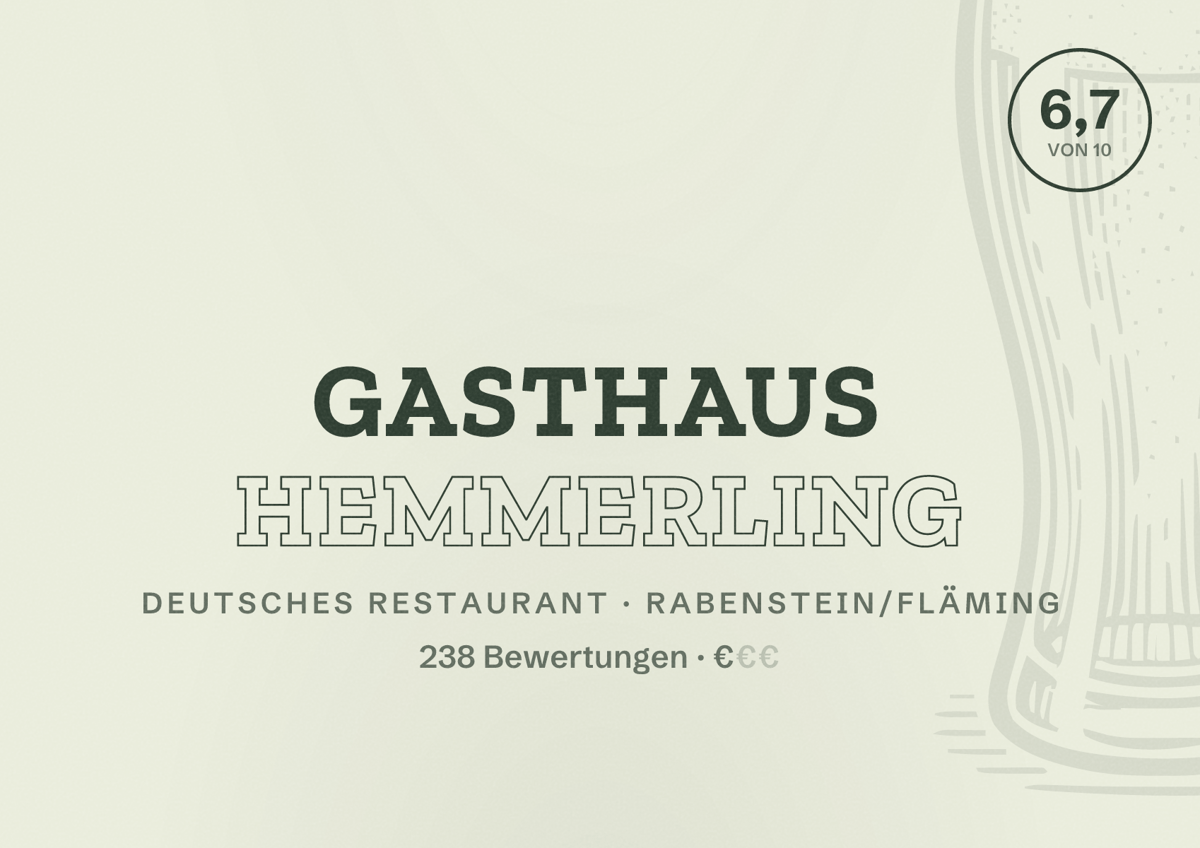 Illustriertes Poster von Gasthaus Hemmerling, Deutsches Restaurant in Rabenstein/Fläming: Bewertung 6,7 von 10 aus 238 Bewertungen, Preisniveau €