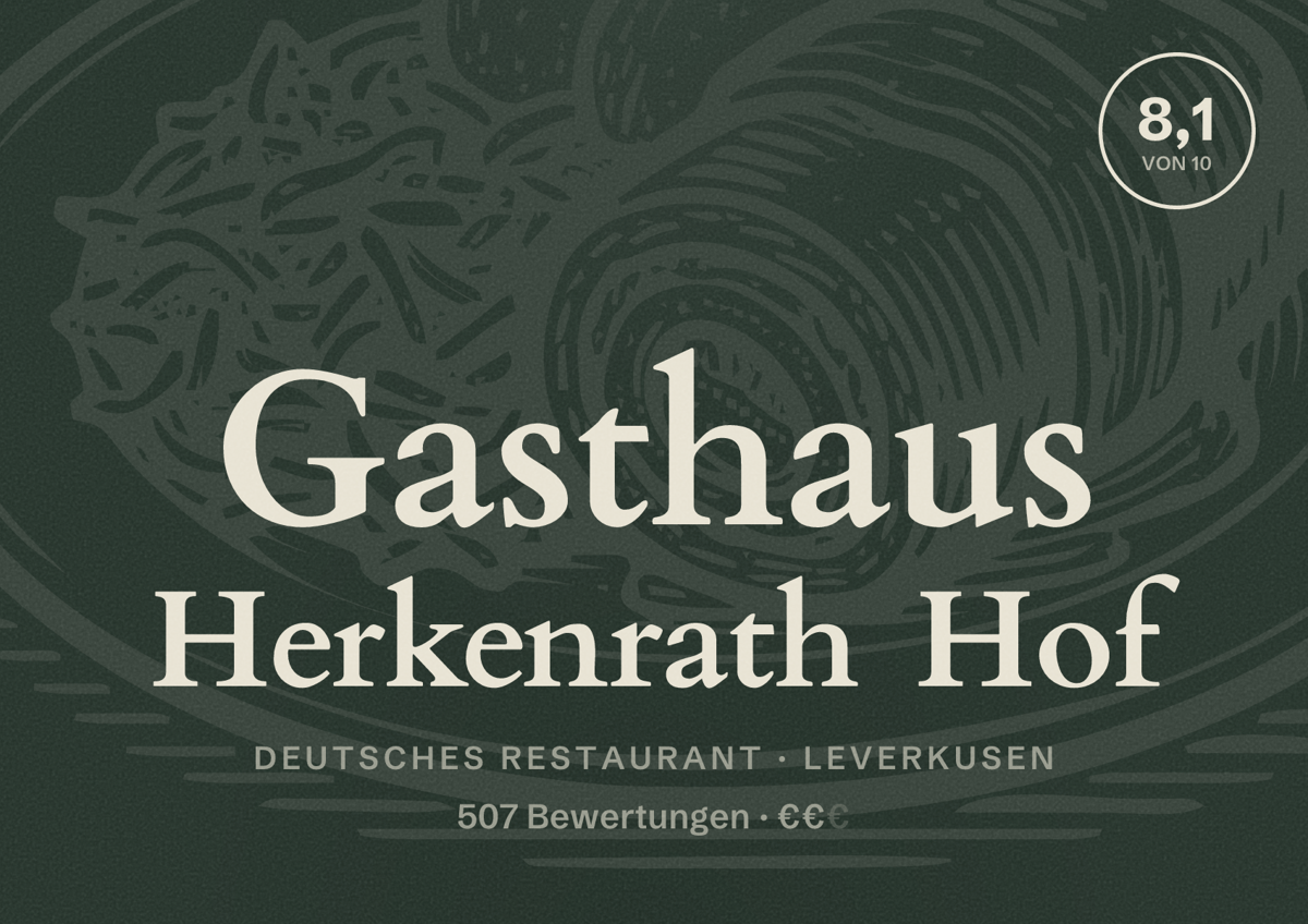 Illustriertes Poster von Gasthaus Herkenrath Hof, Deutsches Restaurant in Leverkusen: Bewertung 8,1 von 10 aus 507 Bewertungen, Preisniveau €€